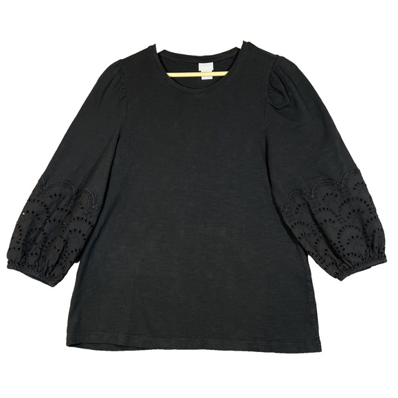 CHICO'S Tee Shirt Women's 1/Medium Black Laser Cut Eyelet 3/4 Sleeve Slub Cotton - Picture 1 of 9